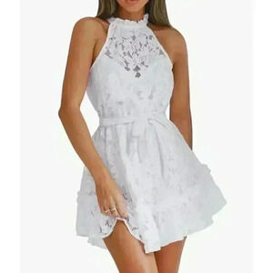 Ruffle Lace Frilled Neck Empire Waist Mini Dress White NWT Size L